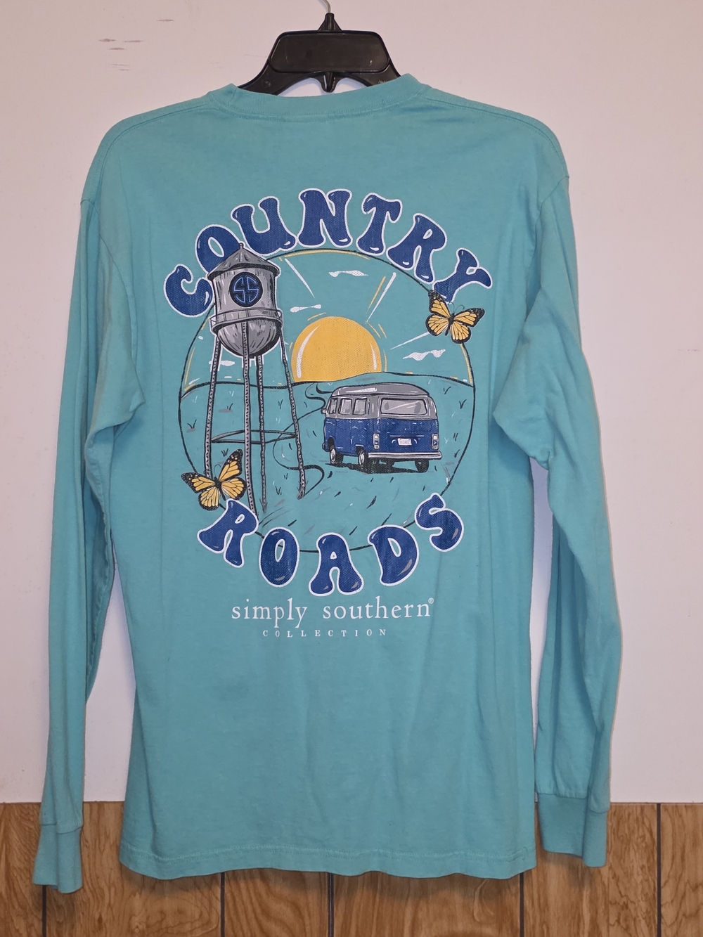 Simply Southern Aqua Long-Sleeve Tee with Country Roads Graphic